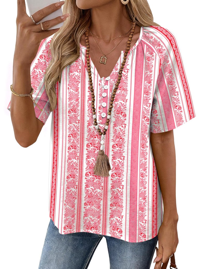 Rapbin Plus Size Spring Clothes for Women: Pink Striped Cotton Shirts for Women V Neck Short Sleeve Tops Business Casual Outfits XL - Image 1