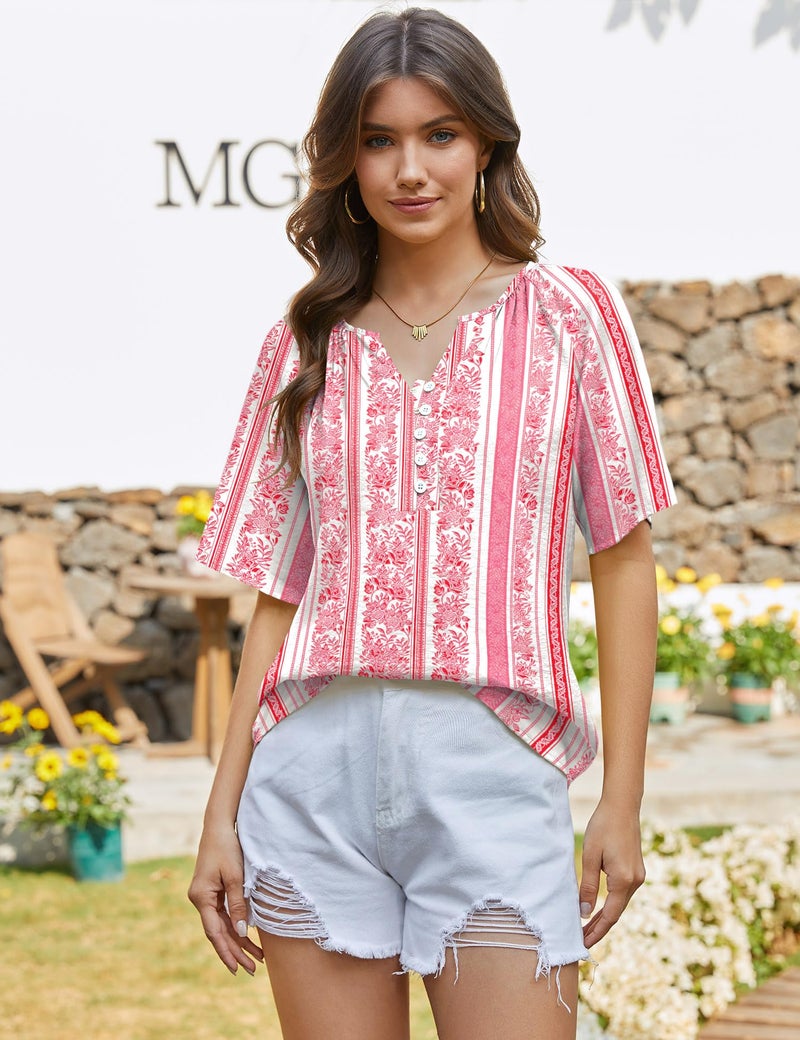 Rapbin Plus Size Spring Clothes for Women: Pink Striped Cotton Shirts for Women V Neck Short Sleeve Tops Business Casual Outfits XL - Image 3