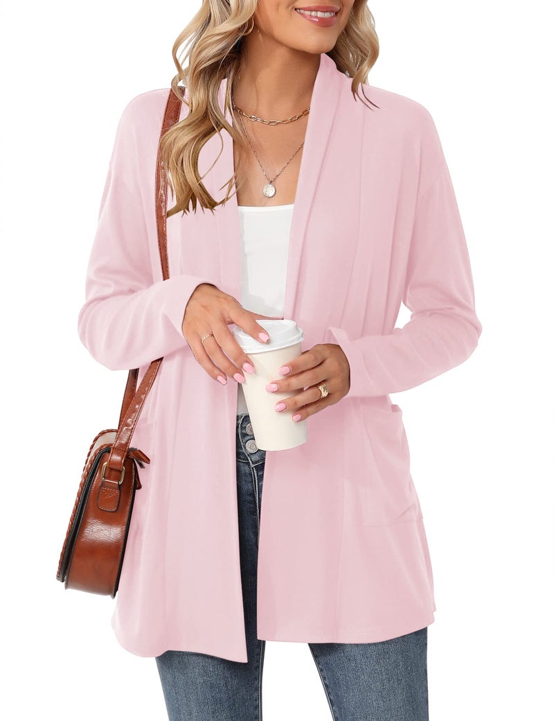 Micoson Women's Casual Long Sleeve Lightweight Cardigans with Pockets Soft Drape Open Front Summer Spring Dusters Light Pink XL - Image 1