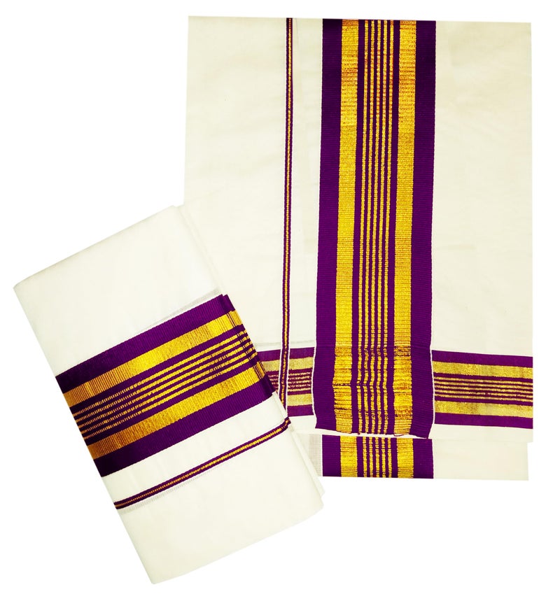 YETTALAN® Women's Kerala Traditional Cotton Set Mundu Cream Color with Fancy Border (WINE COLOR) - Image 5