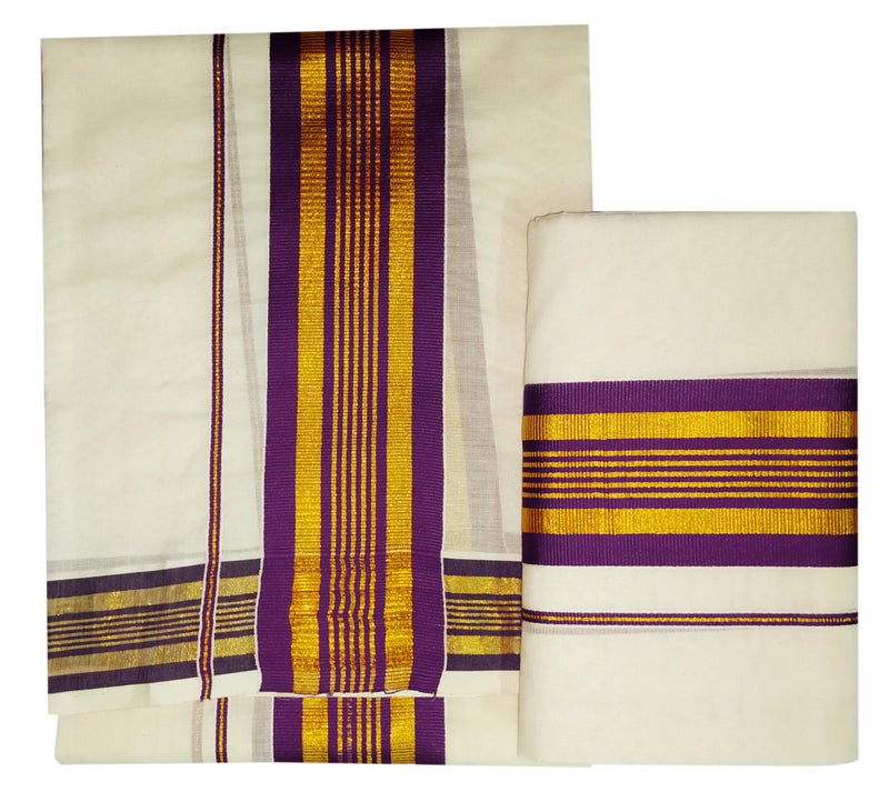 YETTALAN® Women's Kerala Traditional Cotton Set Mundu Cream Color with Fancy Border (WINE COLOR) - Image 3
