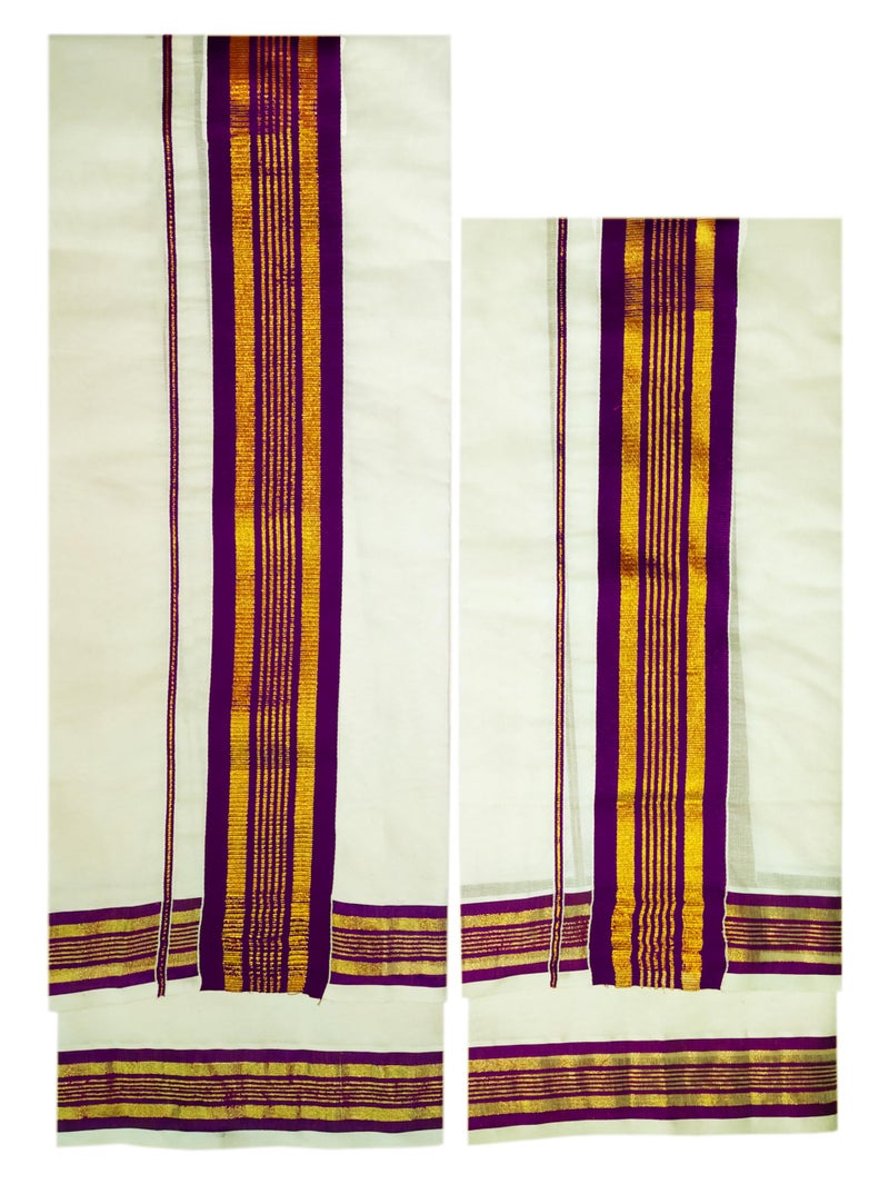YETTALAN® Women's Kerala Traditional Cotton Set Mundu Cream Color with Fancy Border (WINE COLOR) - Image 2