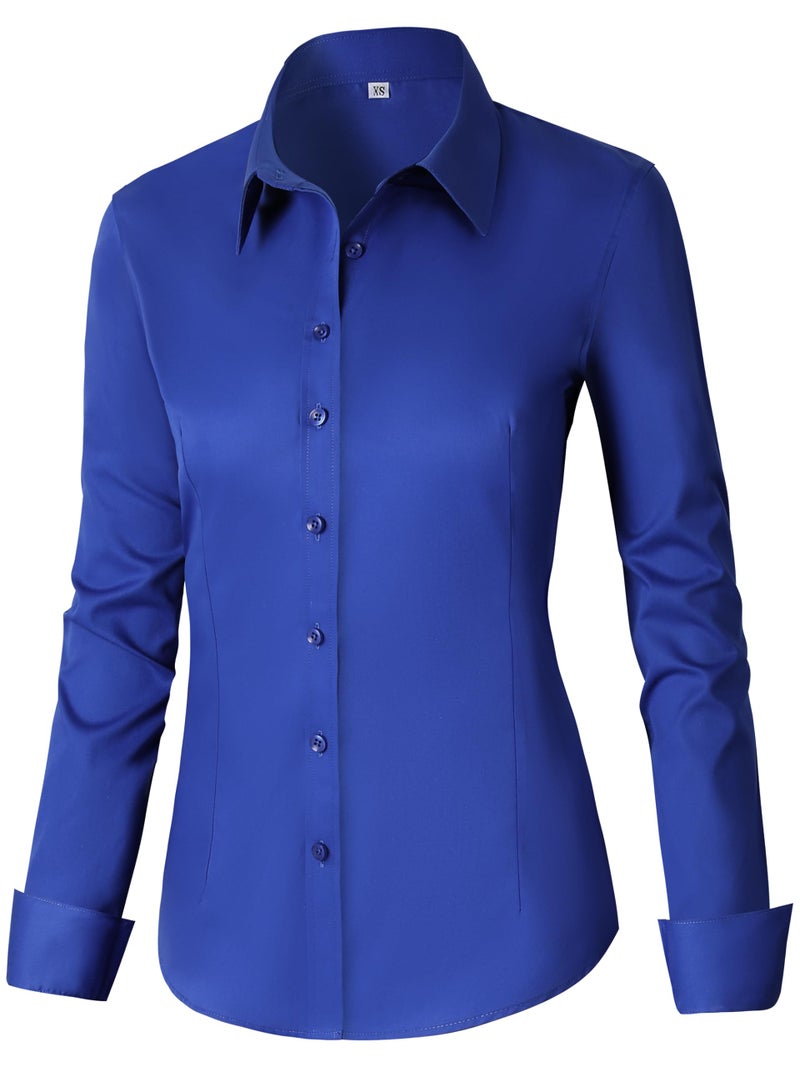 CUNLIN Royal Blue Shirts for Women Slim fit Button Down Long Sleeve Cotton Tops Collared Lightweight Ladies Dressy Elegant Office Work Fitted Shirt Womens Blouses Royal Blue L - Image 1