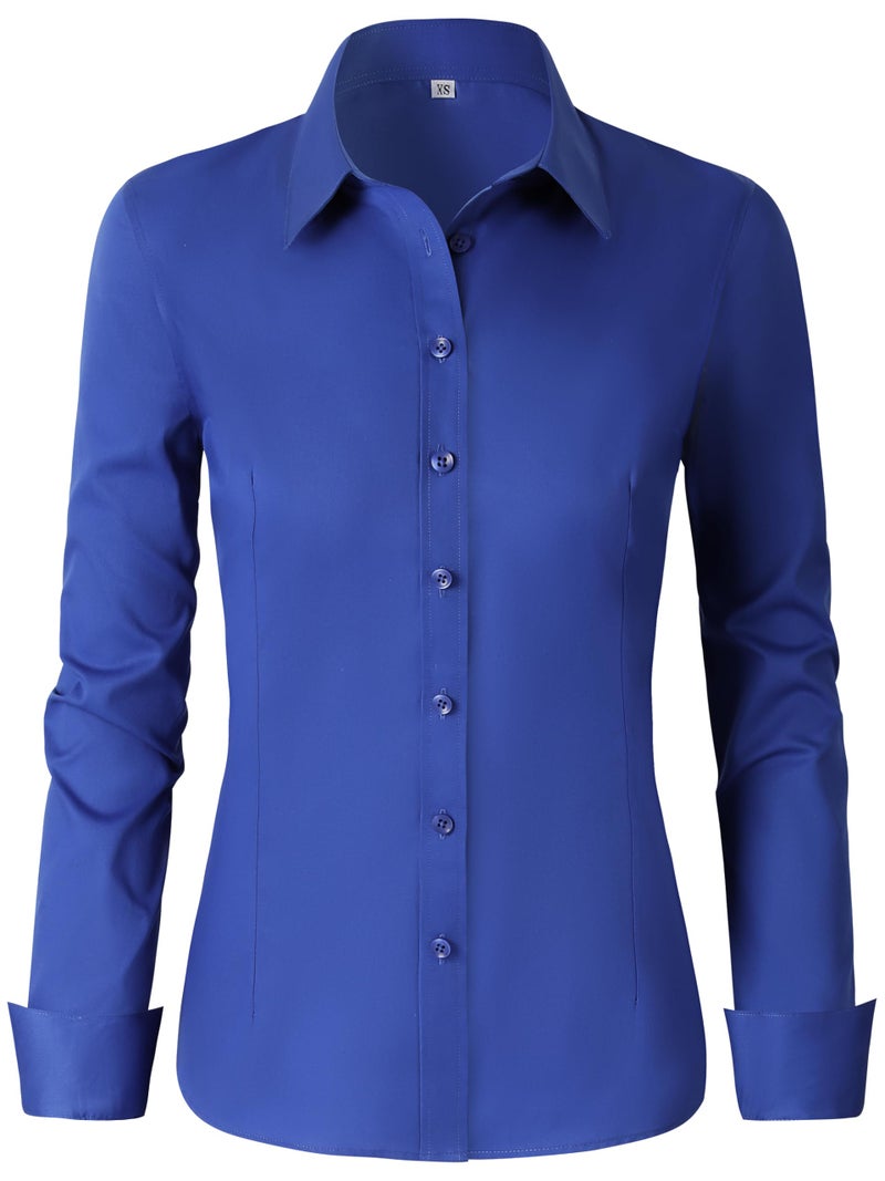CUNLIN Royal Blue Shirts for Women Slim fit Button Down Long Sleeve Cotton Tops Collared Lightweight Ladies Dressy Elegant Office Work Fitted Shirt Womens Blouses Royal Blue L - Image 2
