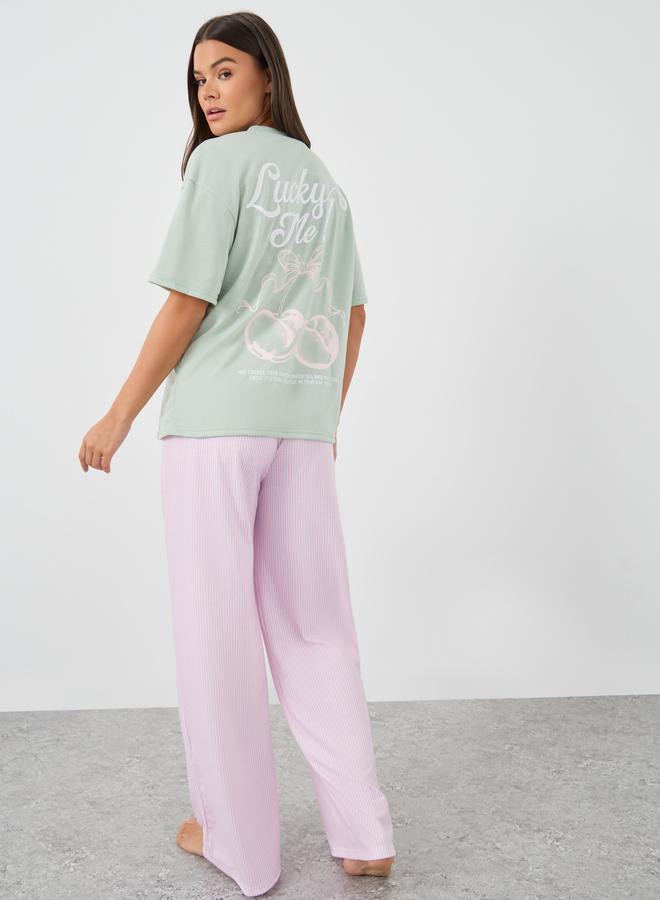 Styli Slogan Print Short Sleeve T-Shirt and Pyjama Set - Image 1