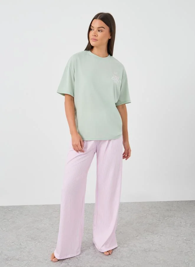 ستايلي Styli Slogan Print Short Sleeve T-Shirt and Pyjama Set