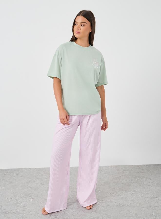 Styli Slogan Print Short Sleeve T-Shirt and Pyjama Set - Image 2