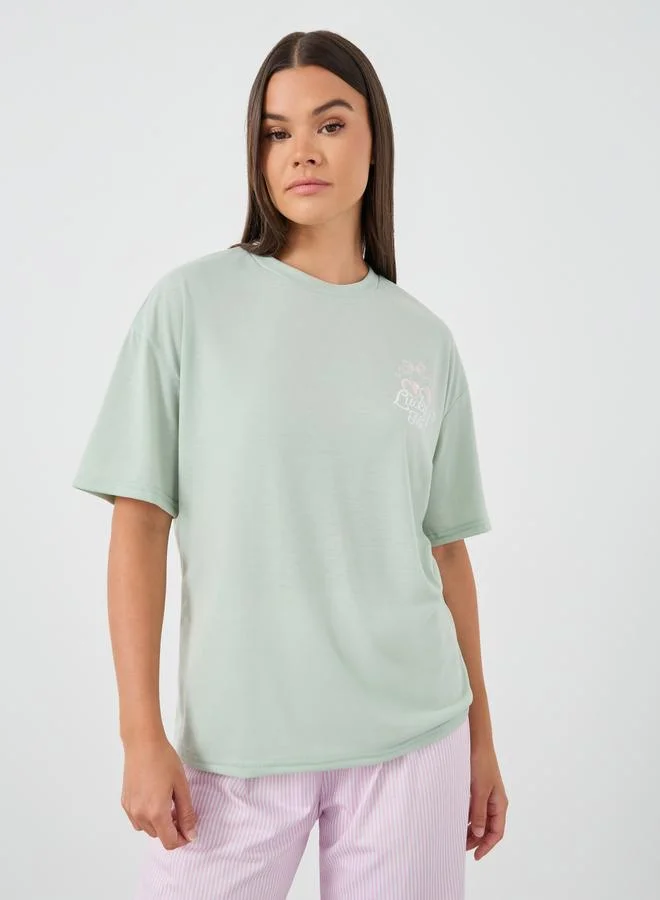 Styli Styli Slogan Print Short Sleeve T-Shirt and Pyjama Set