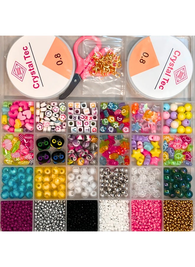 Crystal Tec DIY Jewelry Making Kit with Hooks 2 String Reels Scissors Handmade Necklace Bracelets Rings Pendant Keychain Making Kit with Seed Pop Flat Shell Beads Letter Shapes Art Craft Activity Kit for Kids Party Favors Goodie Bag Stuffers Birthday Gifts Return Gifts Screen Free Activity - Image 1