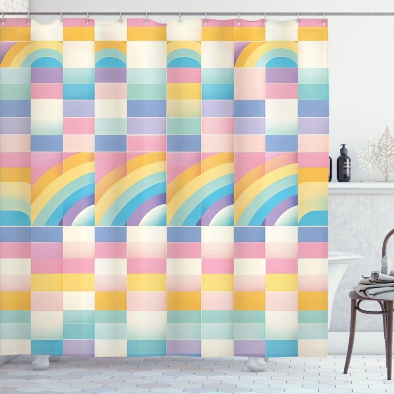 Ambesonne Ambesonne Colorful Shower Curtain  Abstract Checkered Design in Pastel Rainbow Tones Dreamy Geometric Look  Cloth Fabric Bathroom Decor Set with Hooks  69"" W x 70"" L  Ceil Blue Pink Orange - Image 3