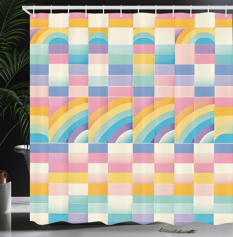Ambesonne Ambesonne Colorful Shower Curtain  Abstract Checkered Design in Pastel Rainbow Tones Dreamy Geometric Look  Cloth Fabric Bathroom Decor Set with Hooks  69"" W x 70"" L  Ceil Blue Pink Orange - Image 1