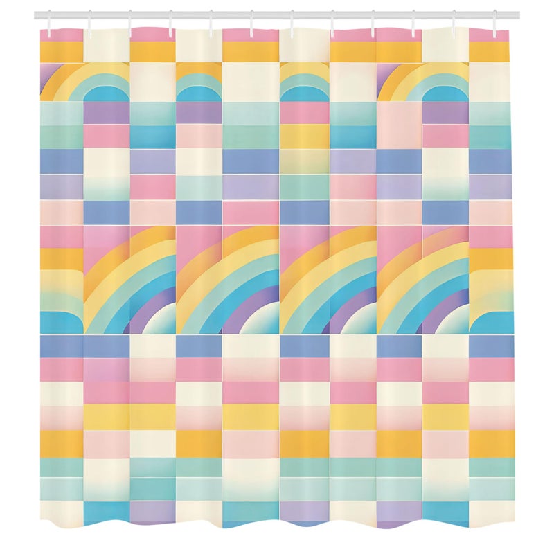 Ambesonne Ambesonne Colorful Shower Curtain  Abstract Checkered Design in Pastel Rainbow Tones Dreamy Geometric Look  Cloth Fabric Bathroom Decor Set with Hooks  69"" W x 70"" L  Ceil Blue Pink Orange - Image 4