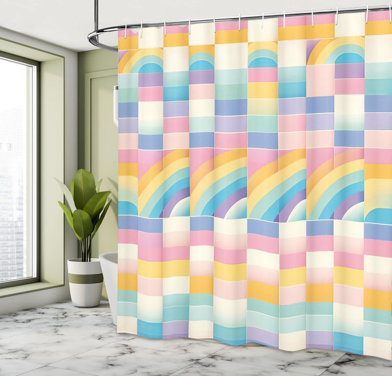 Ambesonne Ambesonne Colorful Shower Curtain  Abstract Checkered Design in Pastel Rainbow Tones Dreamy Geometric Look  Cloth Fabric Bathroom Decor Set with Hooks  69"" W x 70"" L  Ceil Blue Pink Orange - Image 2