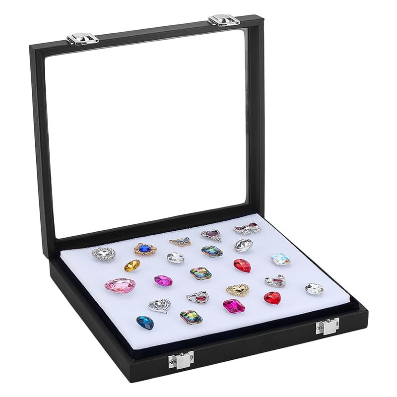 PH PandaHall Diamond Storage Box Leather Jewelry Display Case Gemstone Display Box Gem Containers Boxes Glass Top Jewelry Organizer with Sponge and Clasp for Collectible Rhinestone Crystal Showcase - Image 2