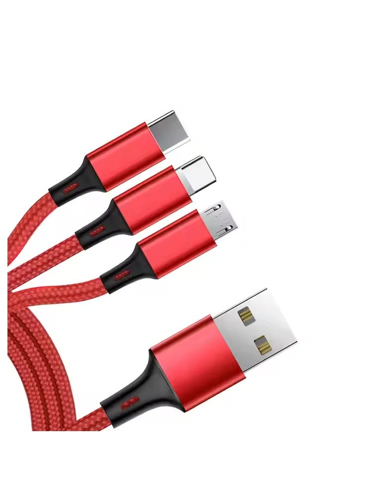Multi USB Charger Cable, 3 in 1 Nylon Braided Multiple USB Fast Charging Cable Port Connectors Compatible with Cell Phones Tablets Universal Use（1.2 Meters） - Red