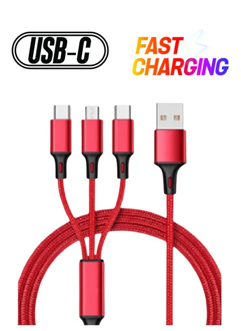 Multi USB Charger Cable, 3 in 1 Nylon Braided Multiple USB Fast Charging Cable Port Connectors Compatible with Cell Phones Tablets Universal Use（1.2 Meters） - Red