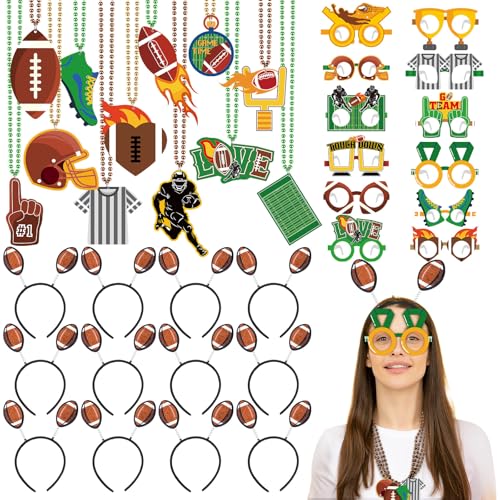 Kenning 36 Pcs Football Party Decorations Football Photo Props 12 Footballs Beaded Necklaces 12 Headbands 12 Touchdown Paper Glasses Accessories for Sport Footballs Birthday Party Favors Supplies - Image 1