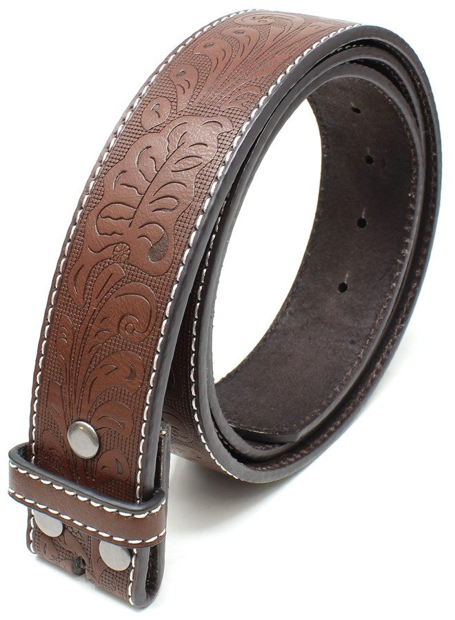 BC Belts Leather Belt Strap with White Stitching and Embossed Western Scrollwork 1.5" Wide with Snaps (Brown/White-M) - Image 3