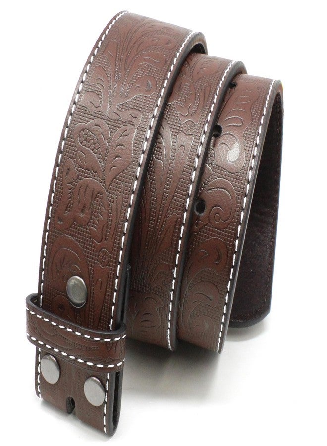 BC Belts Leather Belt Strap with White Stitching and Embossed Western Scrollwork 1.5" Wide with Snaps (Brown/White-M) - Image 1