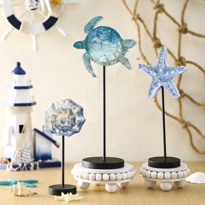 Maitys 3 Pcs Summer Ocean Beach Lemon Wood Table Sign Standing Wooden Tabletop Home Decor Rustic Wooden Tabletop Centerpiece Tall Standing Block Decorations for Kitchen Table(Ocean) - Image 2