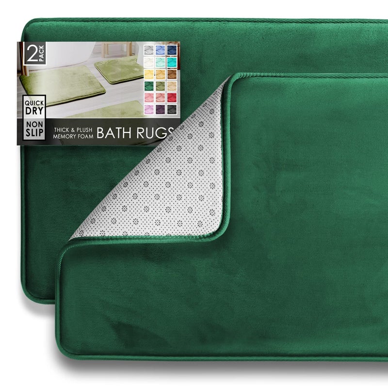 Clara Clark Bathroom Rugs Ultra Soft Plush Bath Mat for Bathroom NonSlip Velvet Memory Foam Set of 2 Bath Rugs 17 x 24 Solid Hunter Green