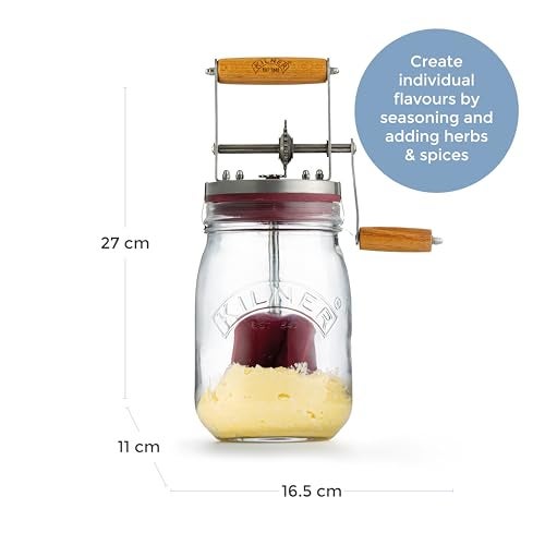 Kilner Premium Airtight Borosilicate Glass Butter Churner with Hand Crank, Acacia Wood Handle & Stainless Steel Gear - 1000ml | Ideal for Homemade Butter Making - Image 2