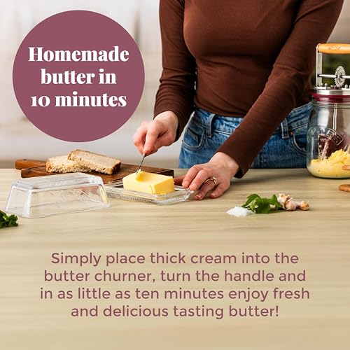 Kilner Premium Airtight Borosilicate Glass Butter Churner with Hand Crank, Acacia Wood Handle & Stainless Steel Gear - 1000ml | Ideal for Homemade Butter Making - Image 3