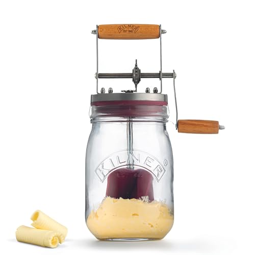 Kilner Premium Airtight Borosilicate Glass Butter Churner with Hand Crank, Acacia Wood Handle & Stainless Steel Gear - 1000ml | Ideal for Homemade Butter Making - Image 1