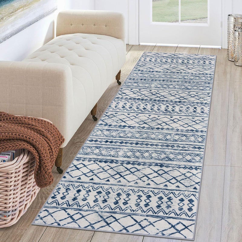 KUTA Moroccan Washable Runner Rug 2x6 NonSlip Vintage Blue White Boho Hallway Kitchen Rugs Ultra Soft Distressed Geometric Floor Carpet Runners for Bedroom Laundry Living Room - Image 2