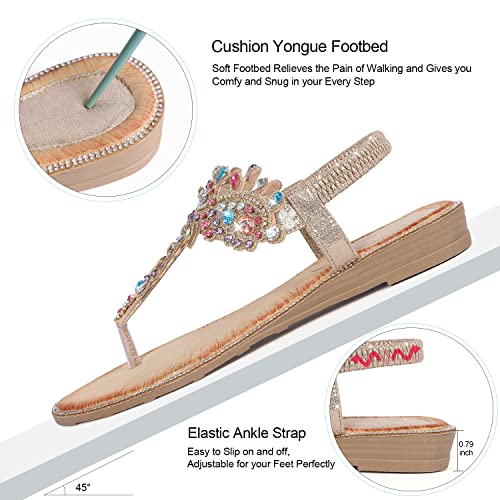 iCKER Women Rhinestone Sandals T-Strap Buckle Bohemian Pearl Crystal Flat Sandals-PD01-Gold-9 - Image 3