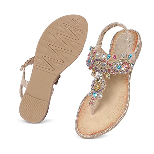 iCKER Women Rhinestone Sandals T-Strap Buckle Bohemian Pearl Crystal Flat Sandals-PD01-Gold-9 - Image 5