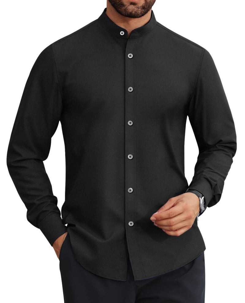 Lion Nardo Mens Dress Shirts Wrinkle Free Dress Shirts for Men Long Sleeve Button Down Shirts Banded Collar Shirts Black - Image 1