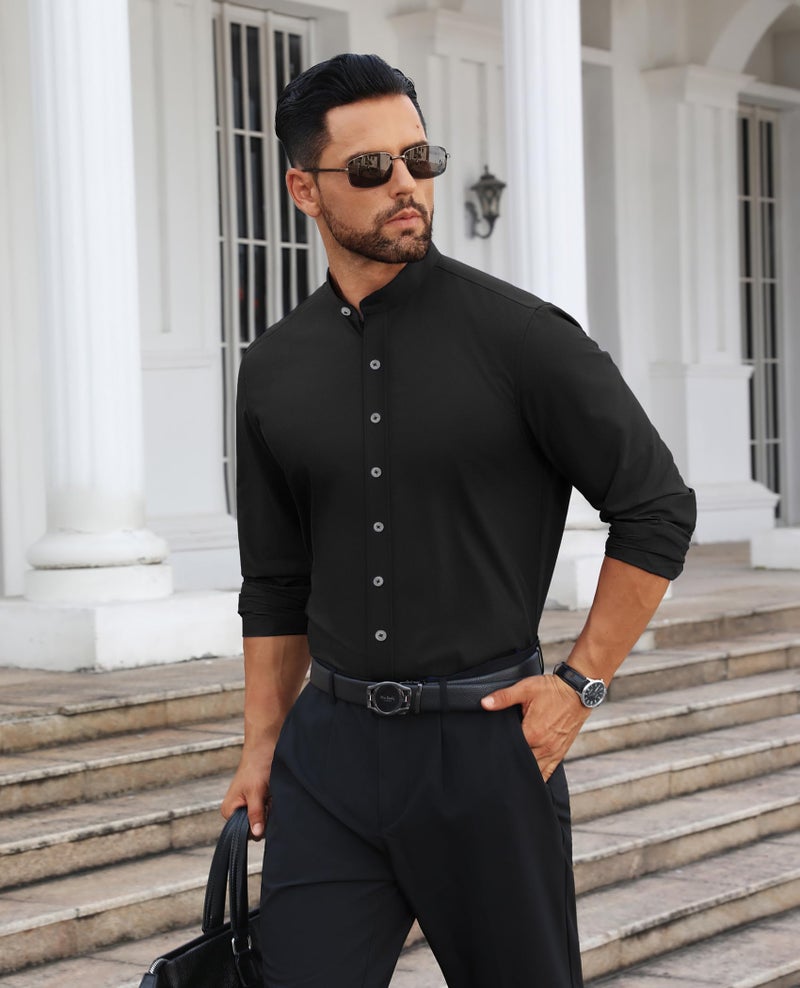 Lion Nardo Mens Dress Shirts Wrinkle Free Dress Shirts for Men Long Sleeve Button Down Shirts Banded Collar Shirts Black - Image 5