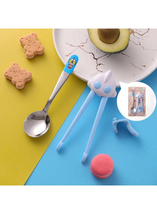 Genuine Ultraman Children's Chopsticks Silicone Tiger Mouth Training Learning Chopsticks Cartoon Practice Chopsticks Stainless Steel Tableware-Specifications:Children's Tableware-Color:Blue Practice Chopsticks + Spoon - Image 1