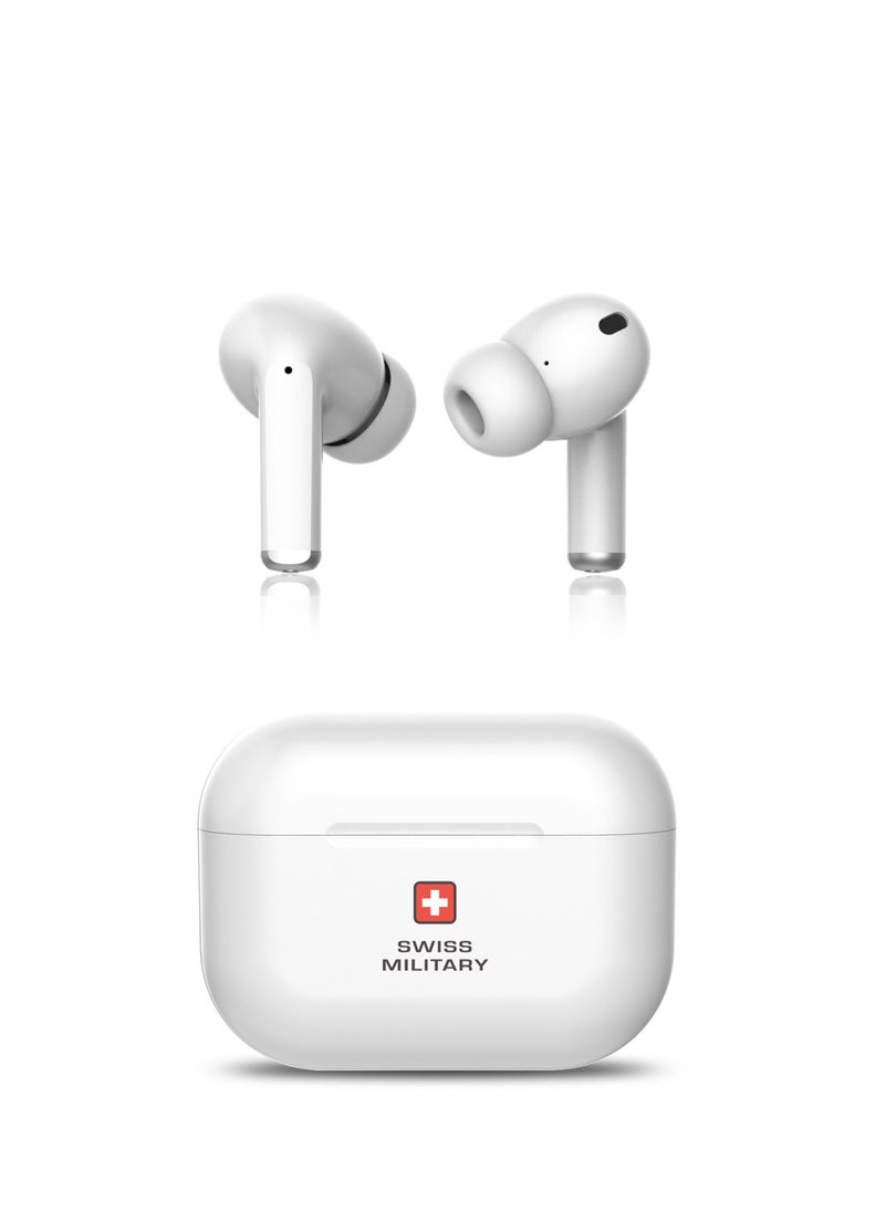 SWISS MILITARY Delta True Wireless In-Ear Earbuds: Deep Bass, Mic for Calls, HD Sound, Type-C Fast Charging, Auto Pairing & Connectivity. Compatible with Apple, Samsung & More. - White  - Image 2