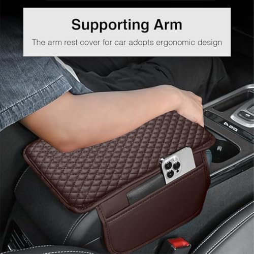 Lyrovo PU Leather Car Armrest Cushion Pad With Side Pockets, Universal Fit for All Car (Mocha) - Image 3