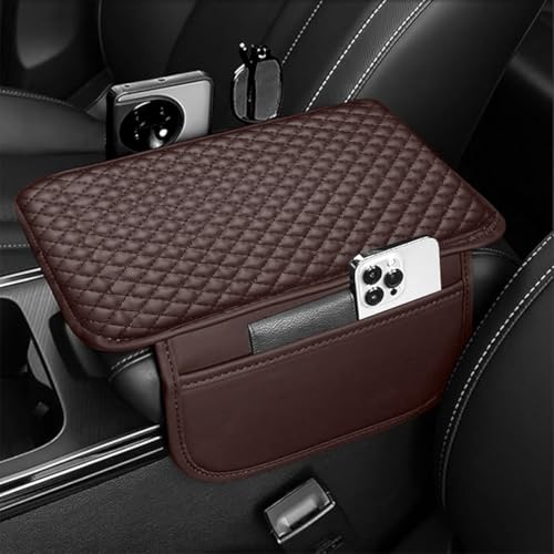 Lyrovo PU Leather Car Armrest Cushion Pad With Side Pockets, Universal Fit for All Car (Mocha) - Image 1