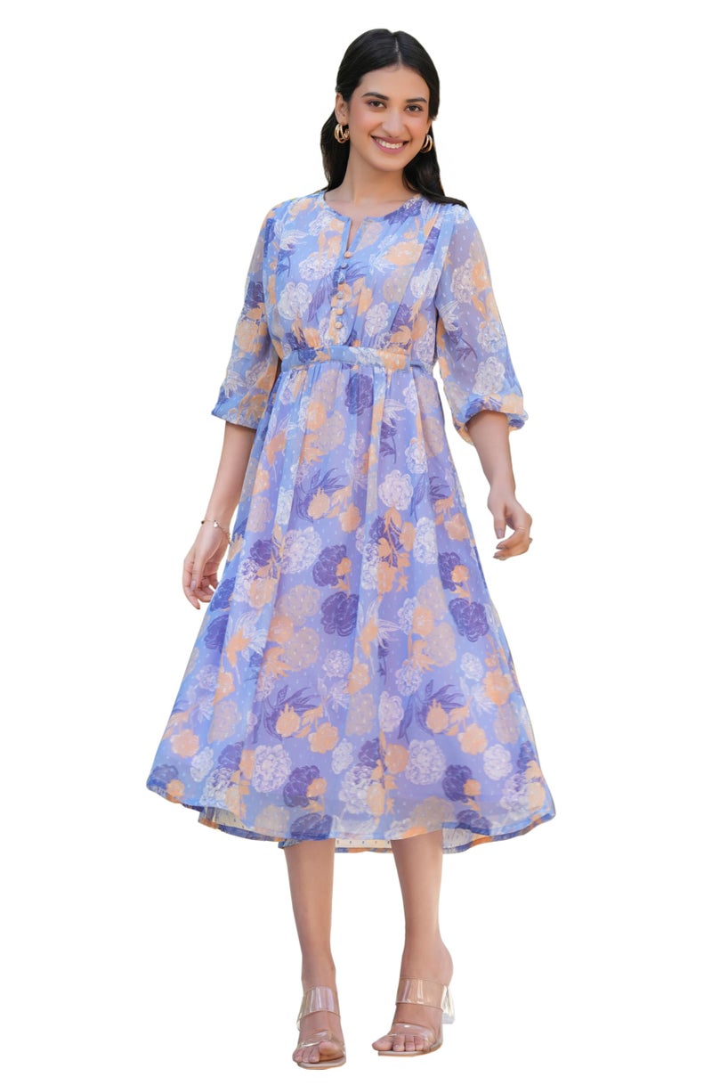 Janasya Women's Lavender Georgette Floral Printed A-line Dress (JAC24DR01795-L) - Image 1