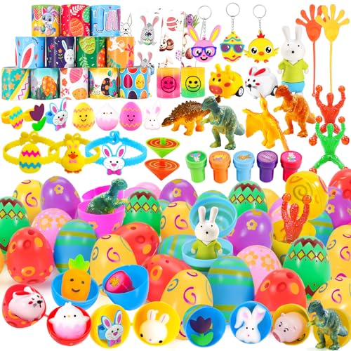 WEARXI 100 PCS Prefilled Easter Eggs with Toys 45 Plastic Easters Egg55 Easter Egg Fillers Toys Easter Eggs Filled Easter Basket Stuffers for Toddler Boy Girl Party Favors Easters Gifts for Kids - Image 1