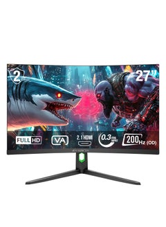 SHARX Gaming Monitor 27" (27F200VC), OD 200Hz Refresh Rate, 0.3ms (MPRT) Response Time, Curved VA, FHD, 2.1HDMI, Fixed Stand, RGB Backlight, 3w Speaker, Free Sync, G-Sync Compatible.