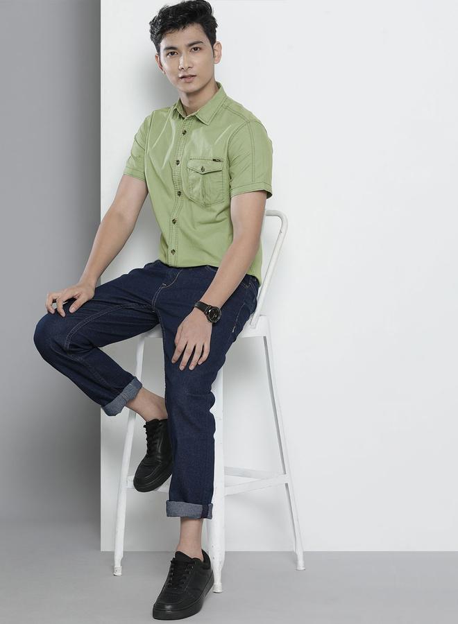 شركة المرآب الهندية قميص رجالي أخضر ضيق بقصة كاجوال - Image 1