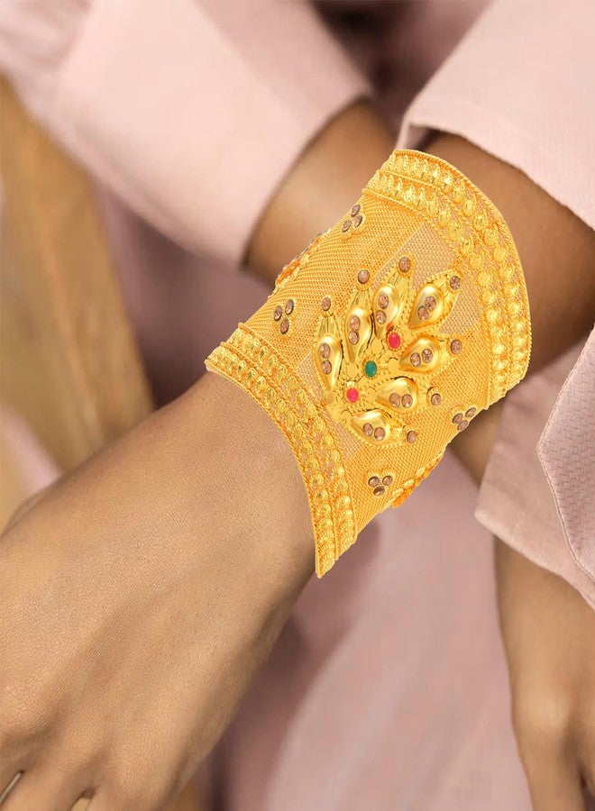 Memoir Brass Goldplated Traditional Rajasthani Bridal Arm Cuff Bracelet for Women | Handmade Micron Gold Plated Bajuband with Ruby & Pearl | Adjustable Free Size Wedding bridal Jewellery (HCSE3559) - Image 3