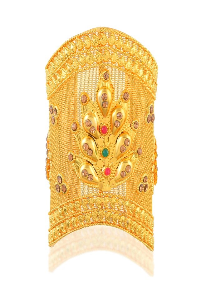 Memoir Brass Goldplated Traditional Rajasthani Bridal Arm Cuff Bracelet for Women | Handmade Micron Gold Plated Bajuband with Ruby & Pearl | Adjustable Free Size Wedding bridal Jewellery (HCSE3559) - Image 1