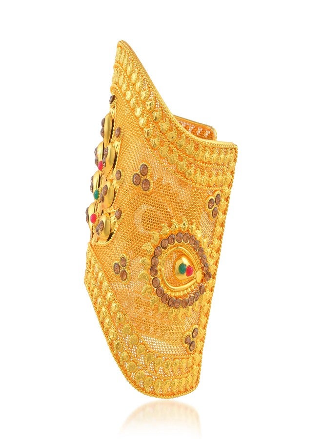 Memoir Brass Goldplated Traditional Rajasthani Bridal Arm Cuff Bracelet for Women | Handmade Micron Gold Plated Bajuband with Ruby & Pearl | Adjustable Free Size Wedding bridal Jewellery (HCSE3559) - Image 5