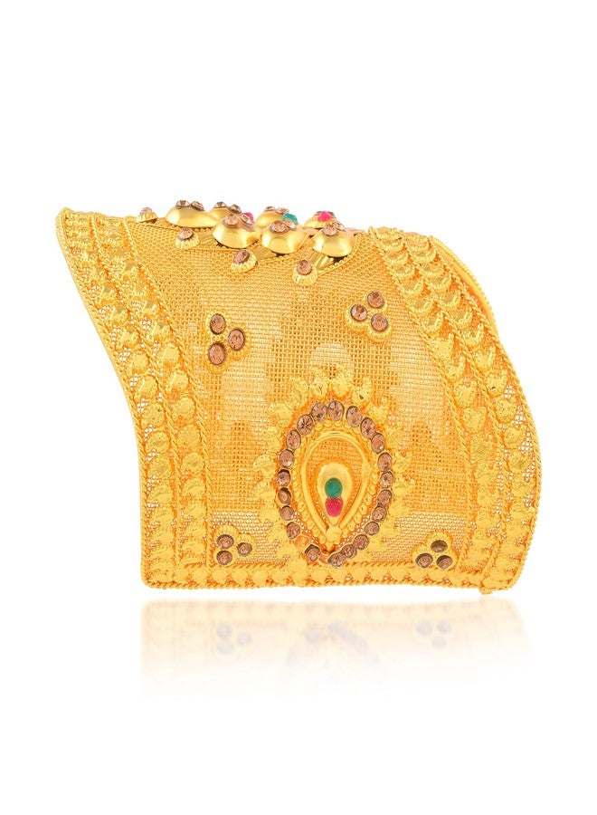 Memoir Brass Goldplated Traditional Rajasthani Bridal Arm Cuff Bracelet for Women | Handmade Micron Gold Plated Bajuband with Ruby & Pearl | Adjustable Free Size Wedding bridal Jewellery (HCSE3559) - Image 4