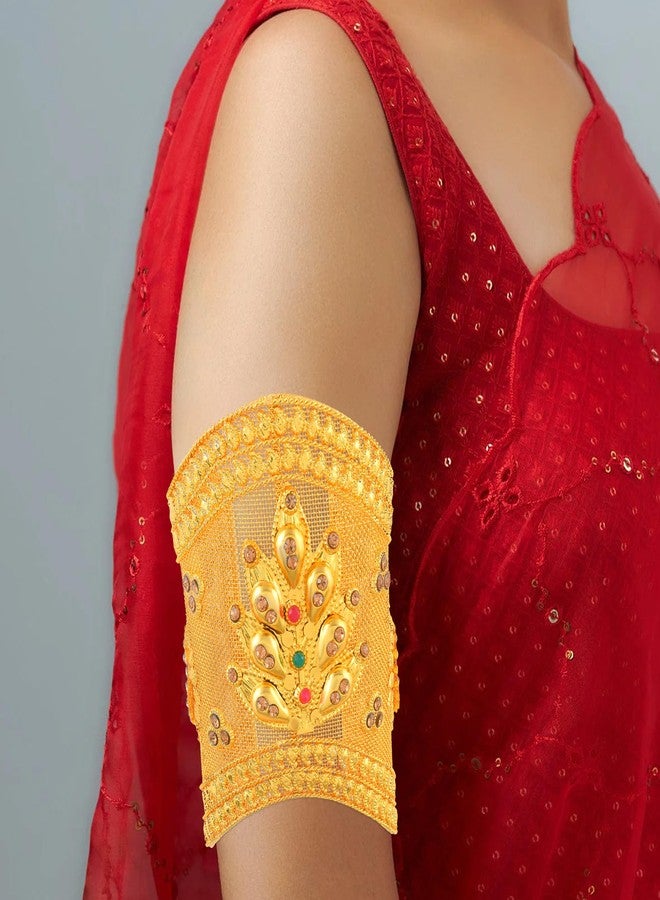 Memoir Brass Goldplated Traditional Rajasthani Bridal Arm Cuff Bracelet for Women | Handmade Micron Gold Plated Bajuband with Ruby & Pearl | Adjustable Free Size Wedding bridal Jewellery (HCSE3559) - Image 2