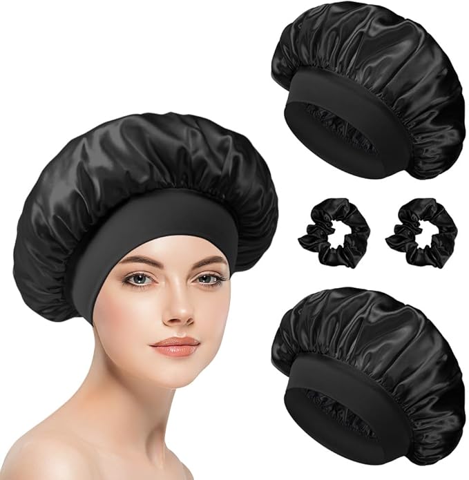 Flintronic 2 Pack Satin Sleep Cap Elastic Sleep Bonnet Bath Cap for Women Night Sleep Hat for Long Curly Hair All Hair