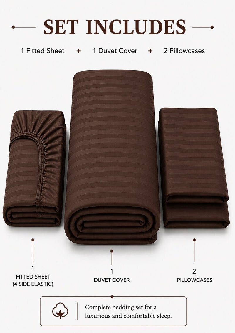 Aristocrat 4-Piece Stripe Microfiber Duvet Cover Set | Queen | Includes 1 Duvet Cover (220x240cm), 1 Deep Pocket Fitted Sheet (180x200+30cm) & 2 Pillowcases (53x75+15cm) | Ultra Soft, Breathable & Wrinkle Resistant | chocolate brown - Image 2