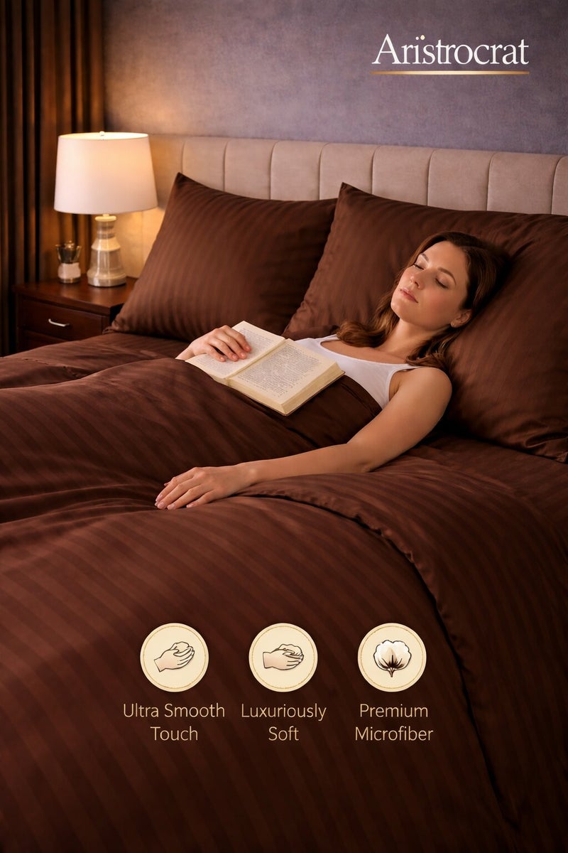 Aristocrat 4-Piece Stripe Microfiber Duvet Cover Set | Queen | Includes 1 Duvet Cover (220x240cm), 1 Deep Pocket Fitted Sheet (180x200+30cm) & 2 Pillowcases (53x75+15cm) | Ultra Soft, Breathable & Wrinkle Resistant | chocolate brown - Image 4