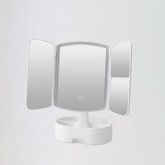 TRIFOLD LIGHTED VANITY MAKEUP MIRROR WITH MAGNIFICATIONLED LIGHTS AND TOUCH SCREEN DIMMABLE MIRROR POWER SUPPLY MODE TABLETOP MAKEUP MIRRORTRAVEL COSMETIC MIRROR